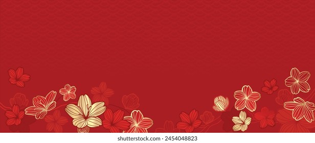 Happy Chinese new year background vector. Luxury wallpaper design with chinese pattern, flower on red background. Modern luxury oriental illustration for cover, banner, website, decor.