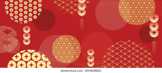 Vector de fondo de feliz año nuevo chino. Diseño de Fondo de pantalla de lujo con patrón chino, moneda sobre fondo rojo. Ilustración oriental moderna de lujo para la cubierta, el Anuncio, el Sitio web, la decoración.