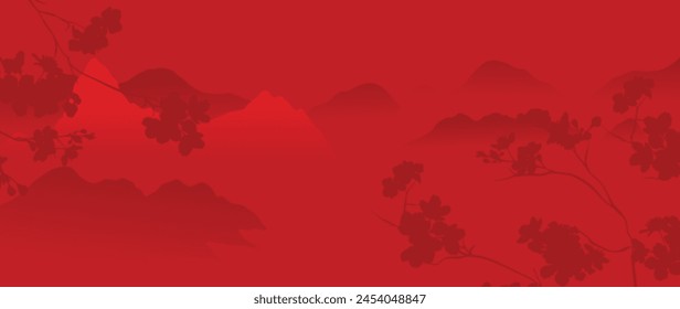 Vector de fondo de feliz año nuevo chino. Diseño de Fondo de pantalla de lujo con flor china, montaña sobre fondo rojo. Ilustración oriental moderna de lujo para la cubierta, el Anuncio, el Sitio web, la decoración.