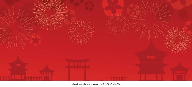 Happy Chinese new year background vector. Luxury wallpaper design with chinese ancient city, firework on red background. Modern luxury oriental illustration for cover, banner, website, decor.