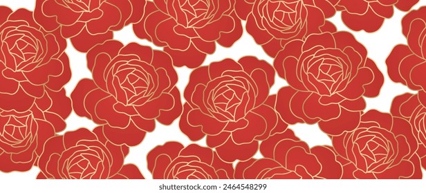 Happy Chinese new year background vector. Luxury gold  Red rose flower wallpaper design for ads, banner, invitation, envelop and prints.