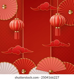 Happy Chinese New Year background with Asian elements in paper cut style. Banner template holiday design. 