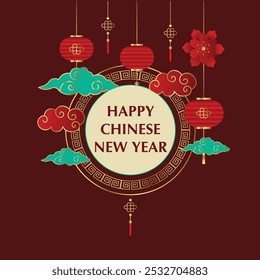 Happy Chinese new year background vector. Year of the dragon design wallpaper with Chinese hanging lantern, gold texture. Modern luxury oriental