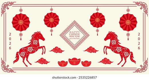 Happy Chinese New Year background 2026. Year of the horse. Vector illustration