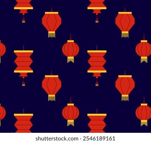 Happy Chinese new year background vector. Seamless pattern, gold hanging lanterns. Vector graphic Modern luxury oriental illustration for cover, banner, website, decor.
