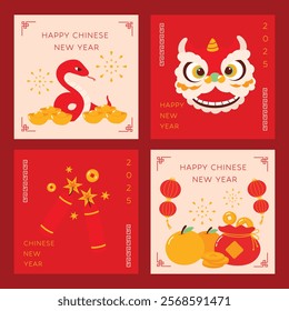 Happy Chinese New Year background set. Year of the Snake collection cute design of tiger, lantern, gold ingot, snake, firecracker, firework, orange. For greeting card, poster, envelope. 