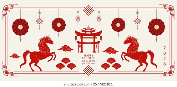 Happy Chinese New Year background 2026. Year of the horse. Vector illustration