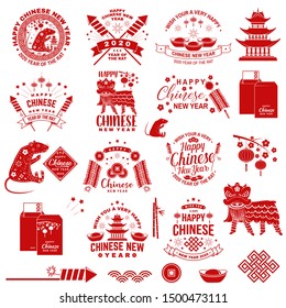 Happy Chinese New Year badge with design element. Chinese New Year felicitation classic postcard. Chinese sign year of rat greeting card. Banner for website template. Vector illustration.