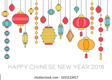 Happy Chinese new year banner , filled outline hanging paper lantern