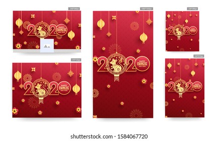 Happy Chinese New Year Banner or Poster and Template Design with Paper Cut 2020 Text with hanging Rat Zodiac Sign, Paper Cut Baubles and Flowers Decorated on Red Squama Pattern Background.