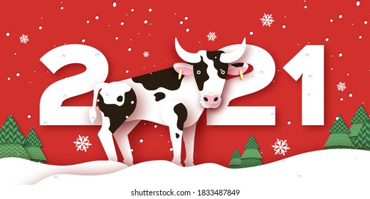 Happy Chinese New Year Banner Template. 2021 symbol bull, ox, cow. Chinese Zodiac. Lunar horoscope sign in paper cut style. Christmas tree. Red background