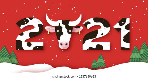 Happy Chinese New Year Banner Template. 2021 symbol bull, ox, cow. Chinese Zodiac. Lunar horoscope sign in paper cut style. Christmas tree. Red background