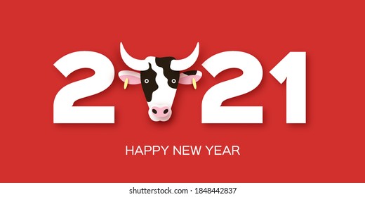 Happy Chinese New Year Banner Template. 2021 symbol bull, ox, cow. Chinese Zodiac. Lunar horoscope sign in paper cut style. Red background.