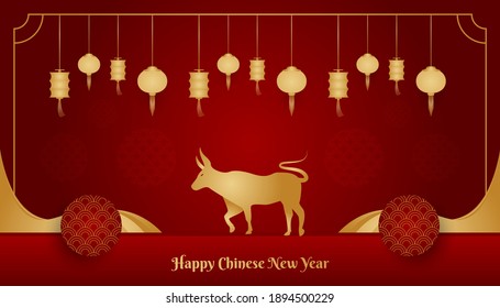 Happy Chinese New Year banner with golden ox and lantern on red background. Chinese zodiac symbol. Lunar new year 2021 year of the ox