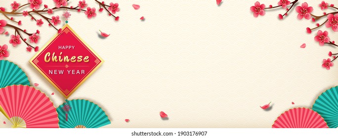 Happy Chinese new year banner design in antique white color wave pattern background with copy space