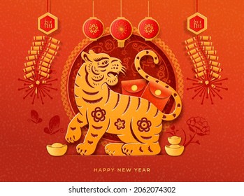 Happy Chinese New Year banner, CNY tiger, red envelopes, gold ingot, hanging firecracker, lanterns and clouds, flower arrangements. Paper cut tigers zodiac sign. Character Fu text translation