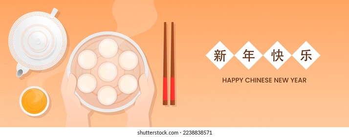 Feliz Diseño De Banner O Cabecera De Año Nuevo Chino Con Una Vista Superior De Las Manos Humanas Con Tazón De Tangyuan, Palos, Zanahoria (Tetera) Y Té Cup Con Fondo Naranja.