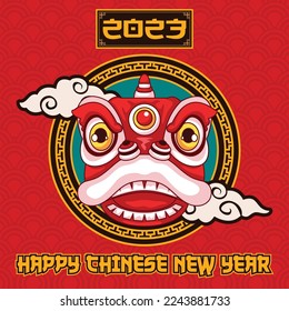 Happy chinese new year banner post with lion dance head