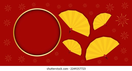 Happy Chinese New Year banner with fireworks and fan on red color background.
