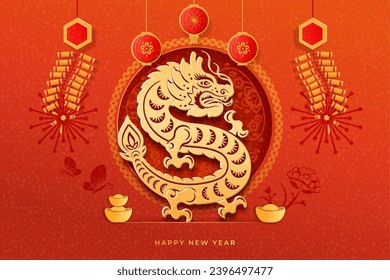 Happy Chinese New Year banner with golden dragon, CNY 2024 sign, gold ingot, hanging firecracker, flower arrangements. Paper cut dragons zodiac sign, lunar spring festival greeting card