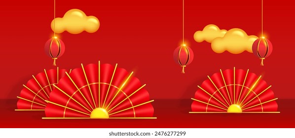 Happy Chinese New Year banner. Golden paper lanterns, traditional red hand fans and golden clouds. Vector illustration