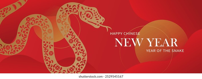 Feliz ano novo chinês banner com cobra no fundo vermelho. Ilustração vetorial para cartazes, folhetos, cartões de saudação, faixa, convite.