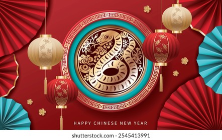 Frohes chinesisches Neujahrsbanner mit Papierschnitt-Schlange, Laternen und Faltlüftern auf rotem Hintergrund. Das Jahr der Schlange.