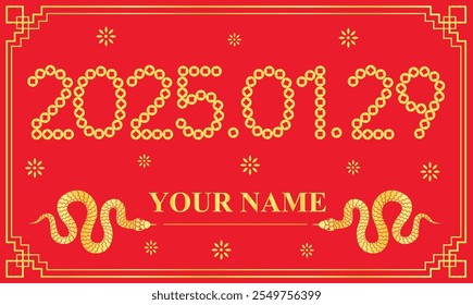 Happy Chinese New year Banner with Red Background, year of the  snake banner, good for the new born babies for 2025. chinese lucky gold coins 