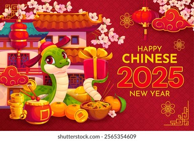 Happy Chinese New Year banner with cherry blossom and funny snake, vector greeting card. 2025 Chinese New Year holiday snake with gifts, red lanterns, gold coins and tangerines at Asian temple pagoda