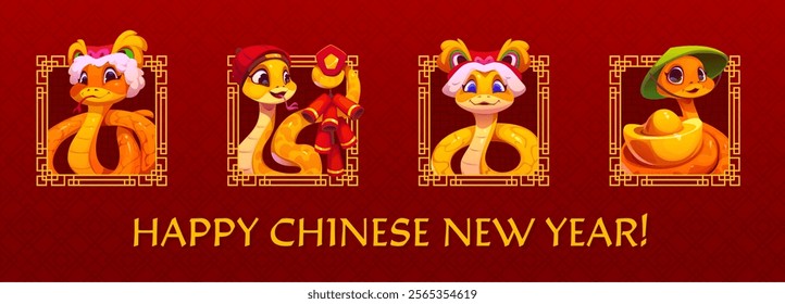 Happy Chinese New Year banner with funny snake characters for holiday, vector greeting. Asian horoscope Chinese New Year banner with cartoon snakes in dragon mask with firecrackers and golden ingot