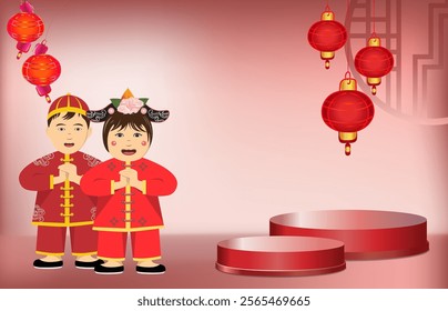 Happy Chinese new year banner with cute boy and girl