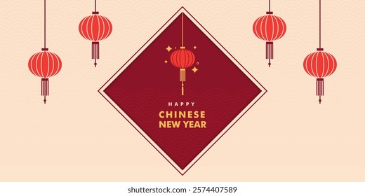 Happy Chinese new year banner. Greeting card. China flat design background with lantern on soft yellow color background