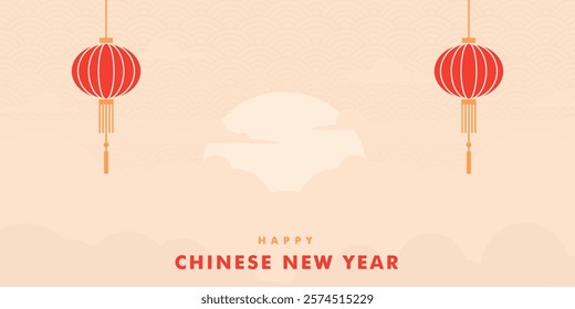 Happy Chinese new year banner background. China flat design background with lantern, sunset and cloud on soft yellow color background