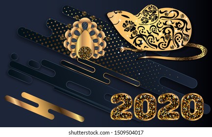 Happy Chinese New Year. Black paper cut background. Cute Rat on black background for greetings card, flyers, invitation, brochure, banners.