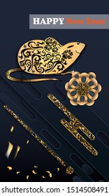Happy Chinese New Year. Black paper cut background. Cute Rat on black background for greetings card, flyers, invitation, brochure, banners.