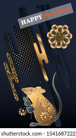 Happy Chinese New Year. Black paper cut background. Cute Rat on black background for greetings card, flyers, invitation, brochure, banners.