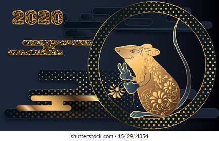Happy Chinese New Year. Black paper cut background. Cute Rat on black background for greetings card, flyers, invitation, brochure, banners.