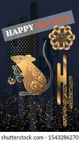 Happy Chinese New Year. Black paper cut background. Cute Rat on black background for greetings card, flyers, invitation, brochure, banners.