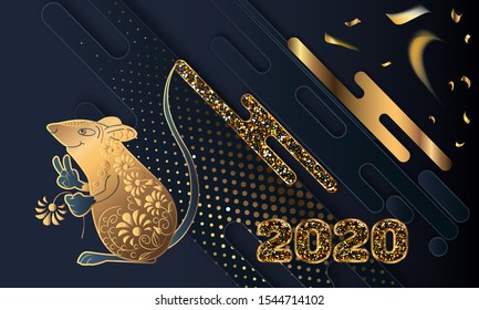 Happy Chinese New Year. Black paper cut background. Cute Rat on black background for greetings card, flyers, invitation, brochure, banners.