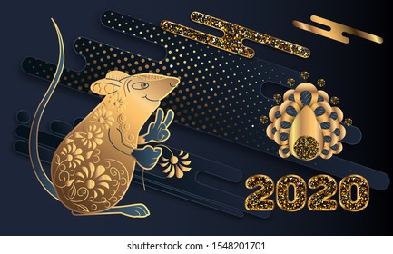 Happy Chinese New Year. Black paper cut background. Cute Rat on black background for greetings card, flyers, invitation, brochure, banners.