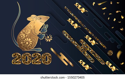 Happy Chinese New Year. Black paper cut background. Cute Rat on black background for greetings card, flyers, invitation, brochure, banners.