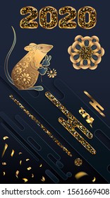 Happy Chinese New Year. Black paper cut background. Cute Rat on black background for greetings card, flyers, invitation, brochure, banners.