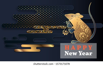 Happy Chinese New Year. Black paper cut background. Cute Rat on black background for greetings card, flyers, invitation, brochure, banners.