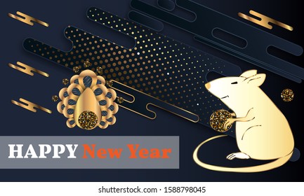 Happy Chinese New Year. Black paper cut background. Cute Rat on black background for greetings card, flyers, invitation, brochure, banners.