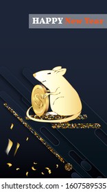 Happy Chinese New Year. Black paper cut background. Cute Rat on black background for greetings card, flyers, invitation, brochure, banners.