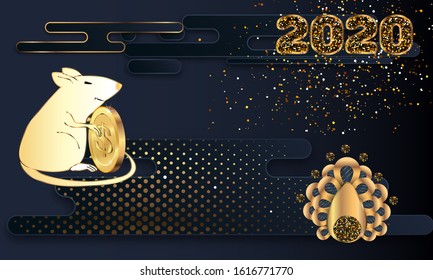 Happy Chinese New Year. Black paper cut background. Cute Rat on black background for greetings card, flyers, invitation, brochure, banners