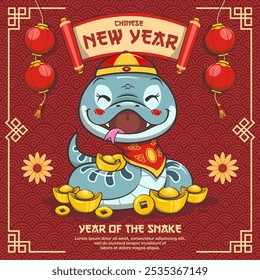 Happy Chinese New Year With Blue Snake And Gold Ingot, Cute Cartoon Illustration