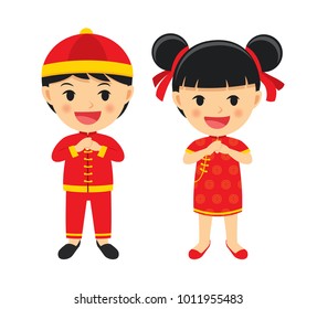 Happy chinese new year boy and girl in traditional clothes celebrate. Set of character cartoon isolated on white background.