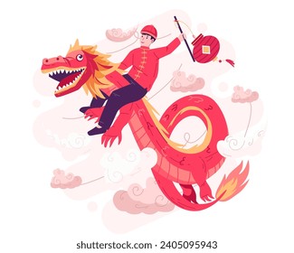 Happy Chinese New Year With a Boy Riding on a Dragon in the Sky. A Happy Asian Boy Is Flying on a Friendly Chinese Dragon While Holding a Lantern