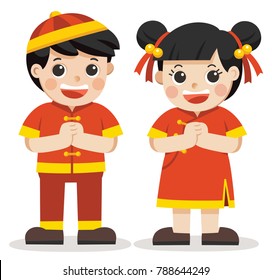 Happy chinese new year. Chinese boy and girl standing respect on the white background.